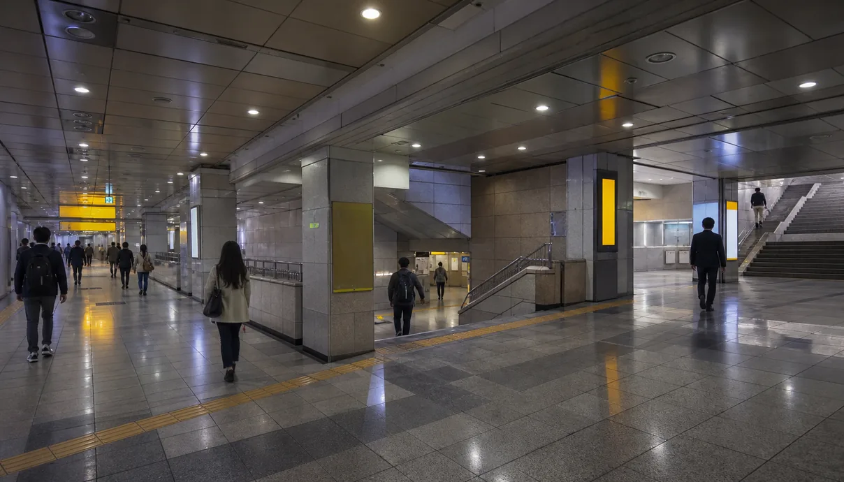 타일 벽과 천장 조명이 이어지는 야간 지하 보행 통로와 갈라지는 통로들