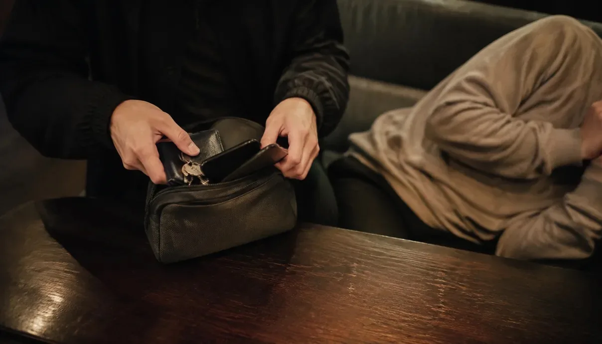 취한 일행의 지갑과 휴대전화, 열쇠를 파우치에 챙기는 모습