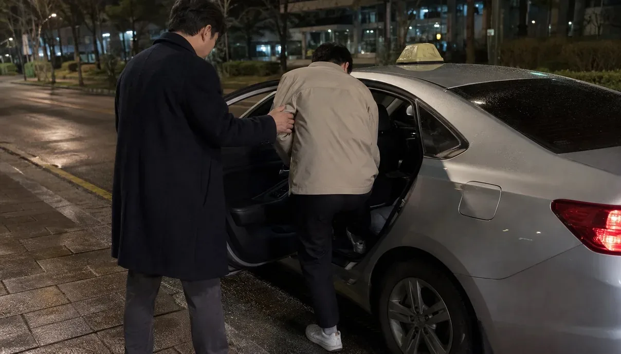 야간 거리에서 일행을 택시 뒷좌석에 태워 보내는 모습