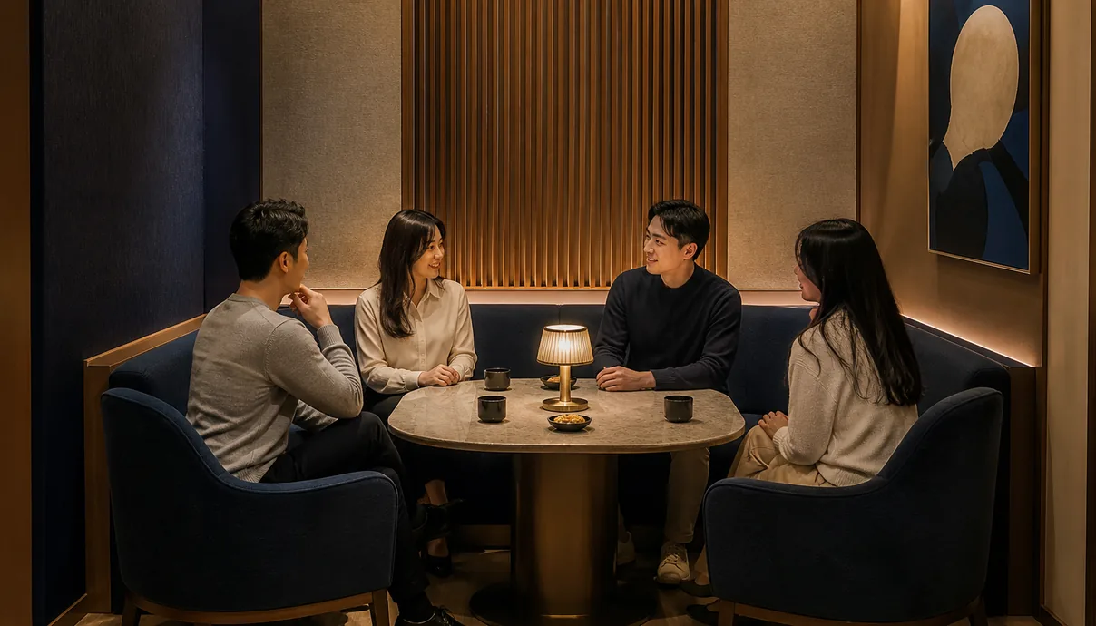 네 사람이 한 테이블에서 대화를 나누는 2~4인용 프라이빗 룸