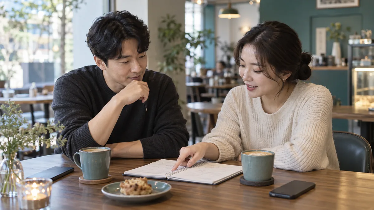 수첩을 보며 모임 비용을 정리하는 두 사람