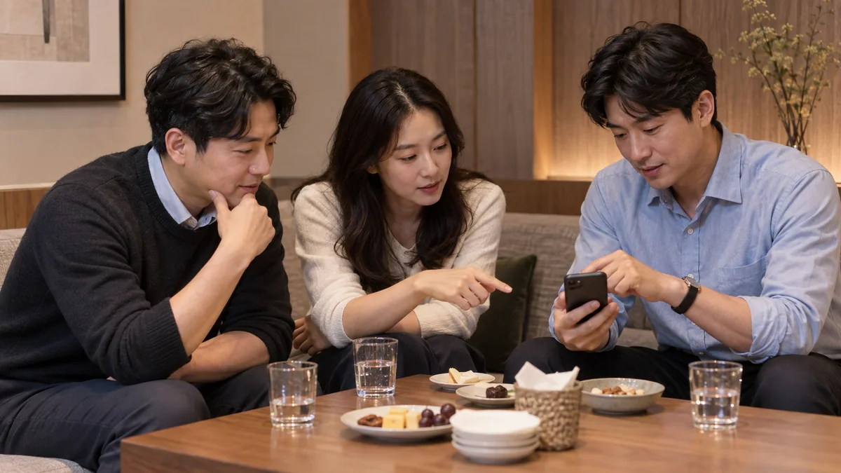 모임 비용을 휴대전화로 함께 확인하는 한국인 성인 세 명