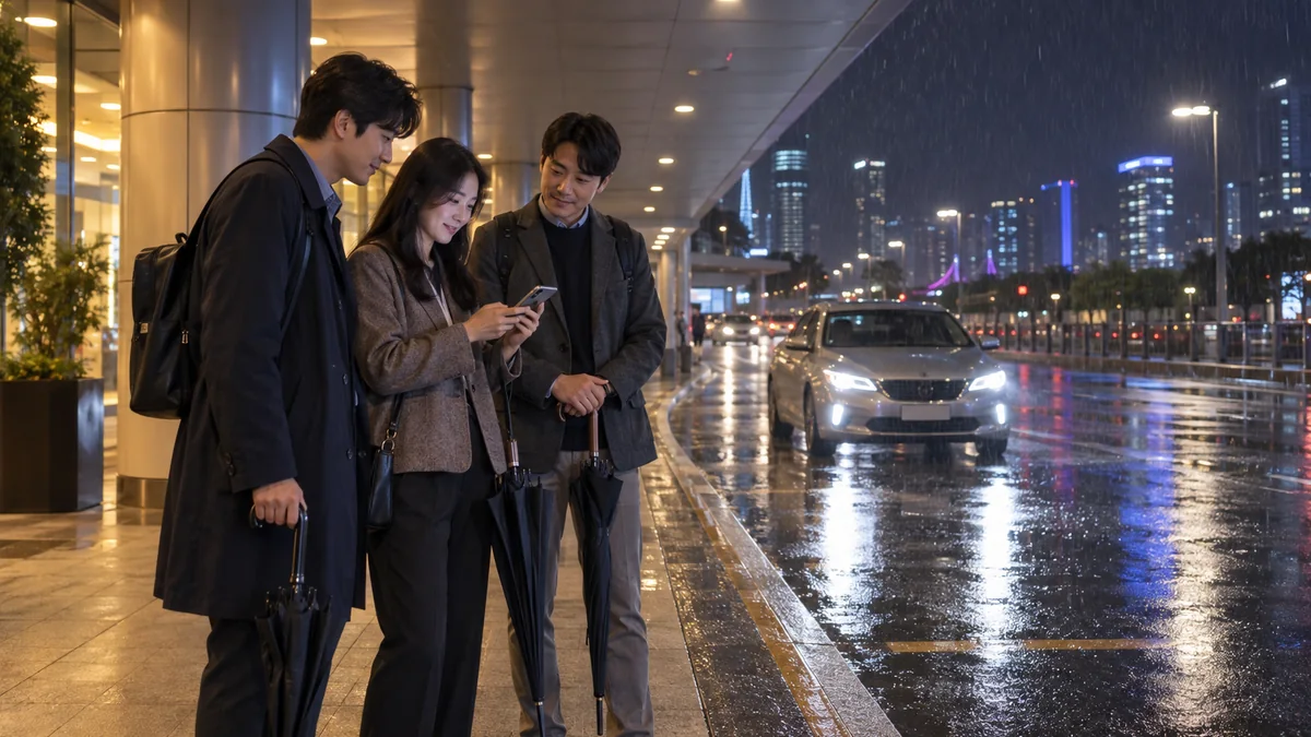 비 오는 밤 지붕 있는 승차 구역에서 귀가 차량을 확인하는 한국인 성인 세 명