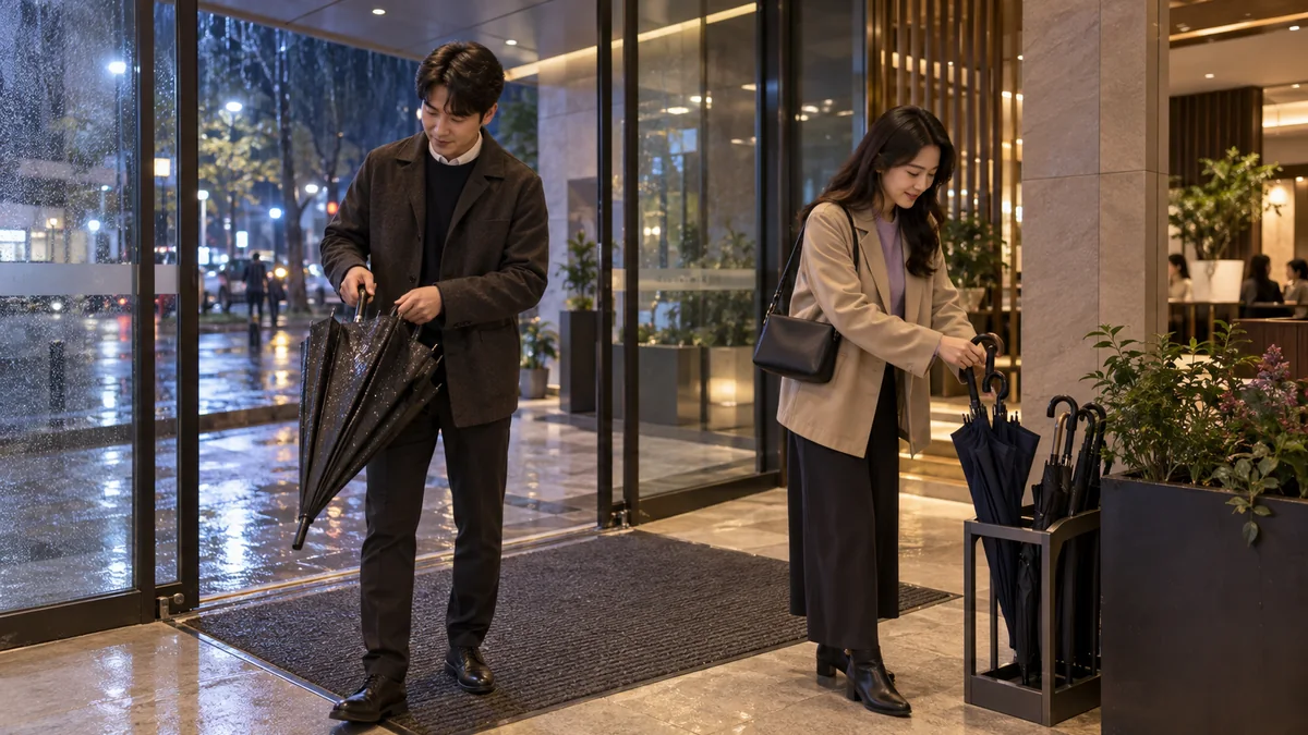 비 오는 밤 건물 입구에서 젖은 우산을 정리하는 한국인 성인 두 명