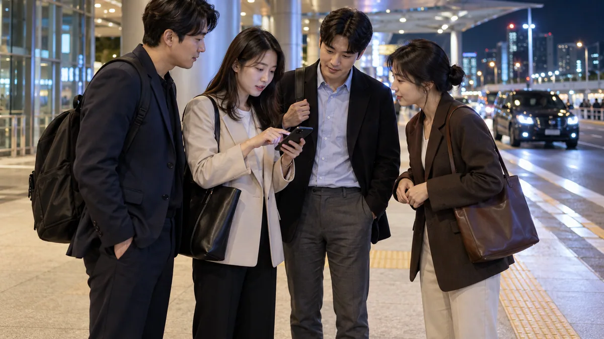 인천의 지붕 있는 승차 구역에서 귀가 차량을 확인하는 한국인 성인 네 명