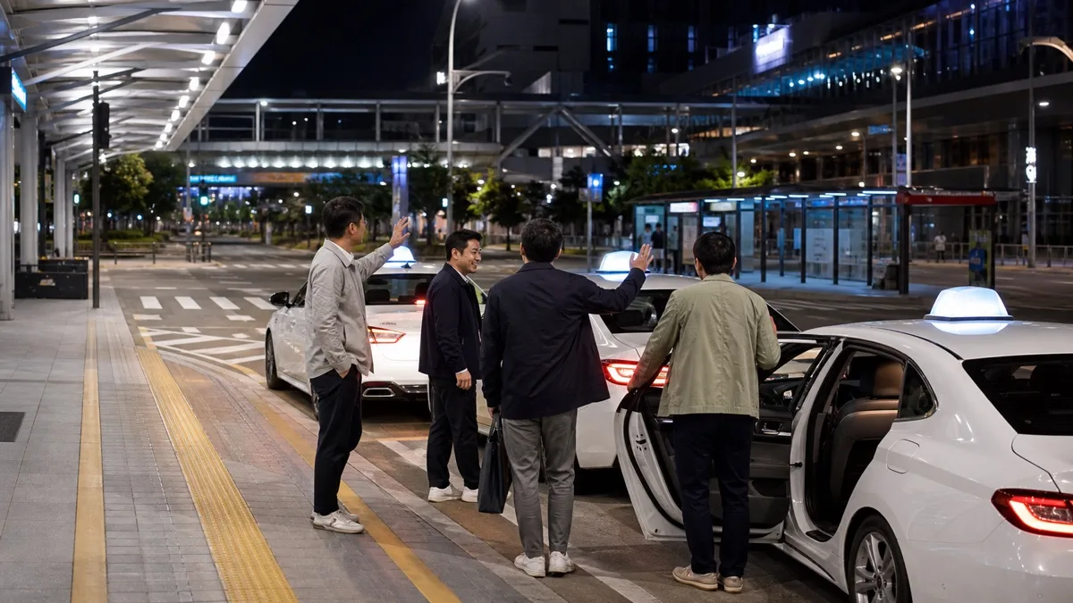 인천 역세권 택시 승강장에서 성인 남성 일행이 귀가 방향을 확인하는 모습