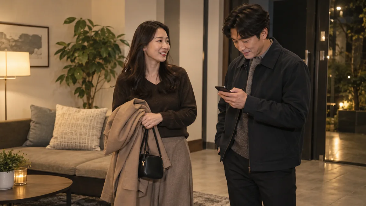 귀가 전 외투와 가방을 챙기고 휴대전화를 확인하는 한국인 성인 두 명