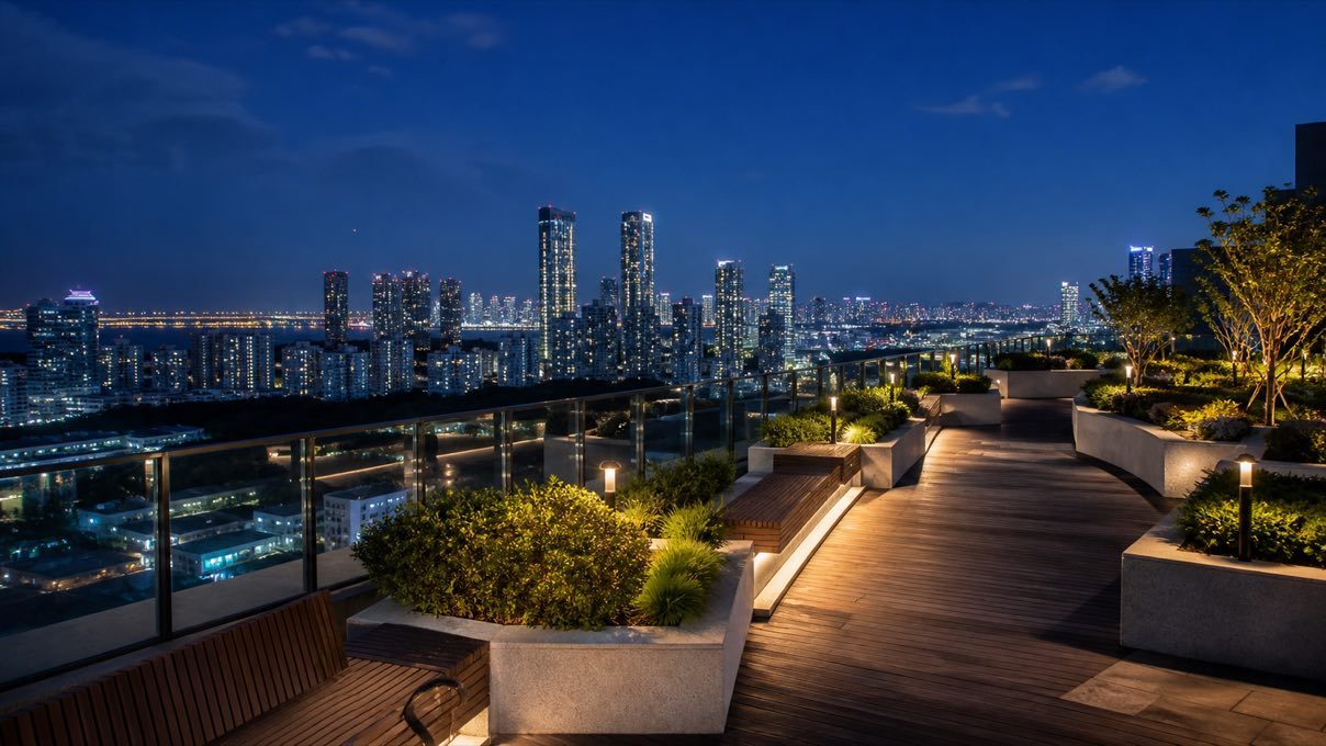인천 야경이 보이는 조경된 옥상 보행 공간